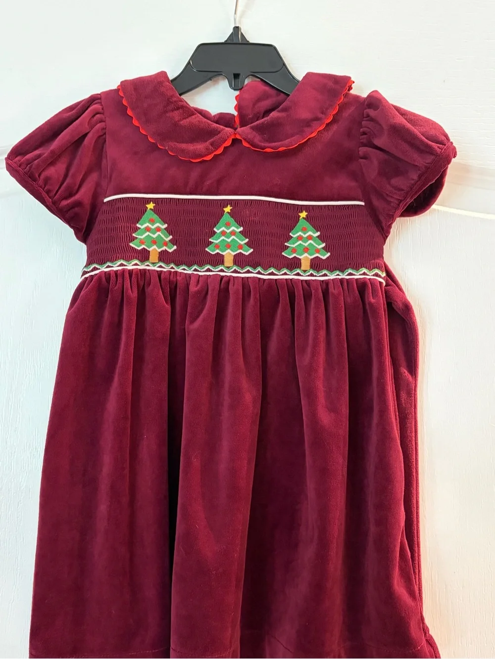 Girls' Burgundy Velvet Holiday Dress with Tree Smocking